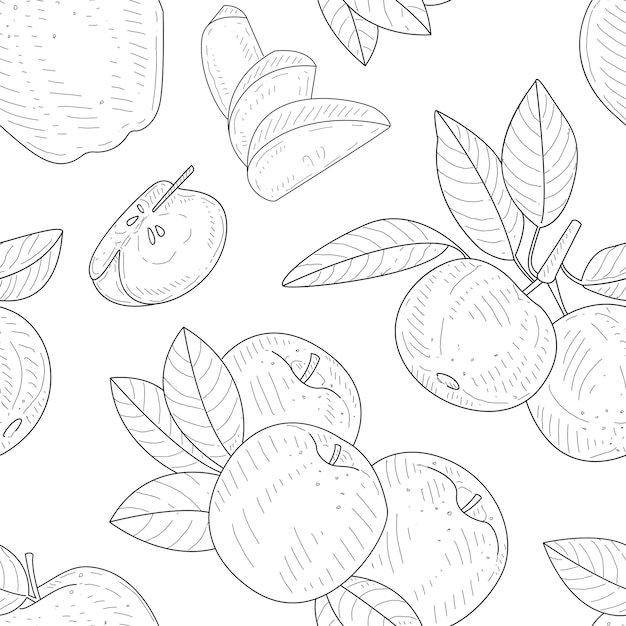 Apple Seamless Pattern Монохромные ручные рисунки ветвей и яблок Векторная иллюстрация Натуральный фон