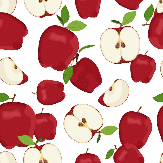 Apple seamless pattern and slice dropping. Red apples fruit