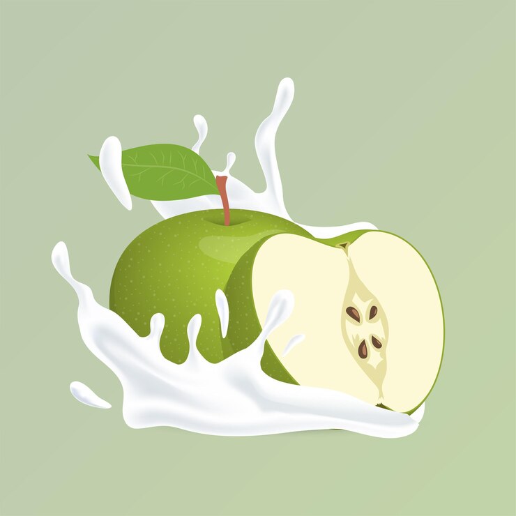 Vector apple and splash of white liquid cartoon illustration yogurt organic