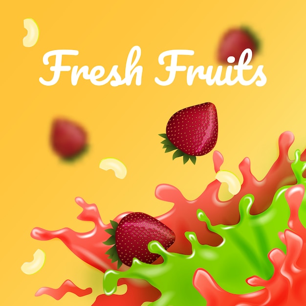 Gocce di mela e fragola in succo di colore. illustrazione vettoriale filler fruttato. multi frutta fresca.