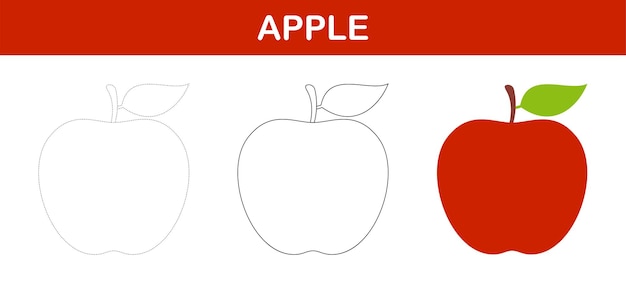 Apple tracing and coloring worksheet for kids