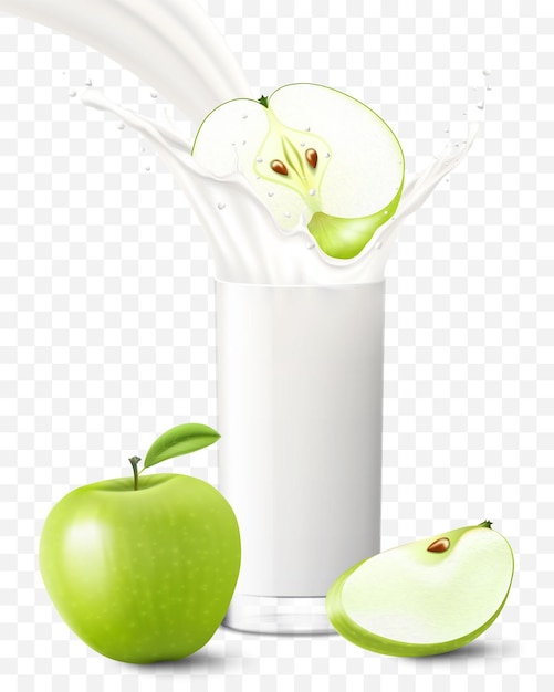 Apple vallen in een glas melk of yoghurt Zoete melk spatten Fruit milkshake reclamebanner yoghurt jet vliegende druppels witte drank in glazen beker realistische 3D-vector illustratie geïsoleerd