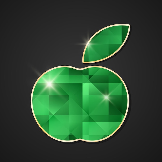 Apple vector icon Faceted green crystal silhouette in gold frame on black background