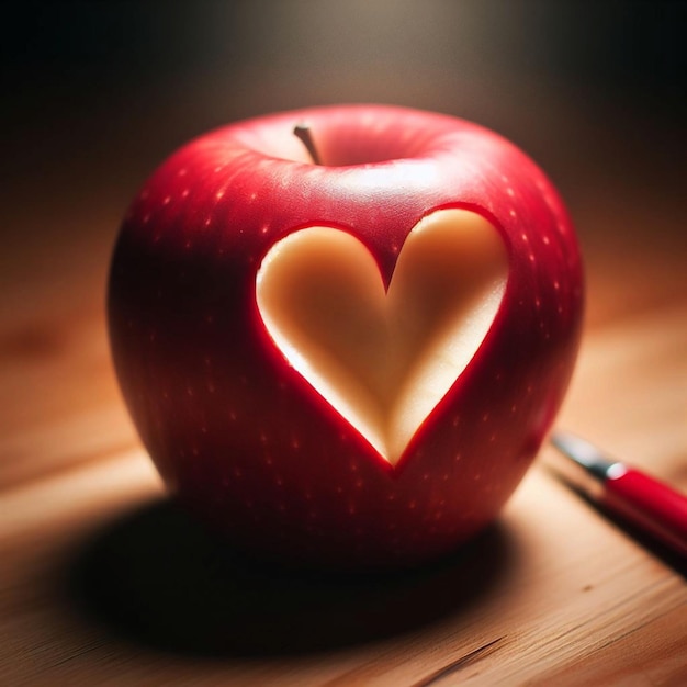 An apple with a heart carved in it that has a knife in it