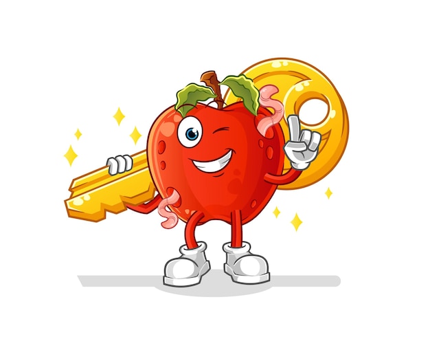 Vector apple with worm carry the key mascot. cartoon vector