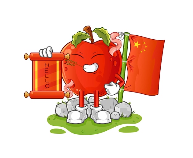 apple with worm chinese cartoon. cartoon mascot vector