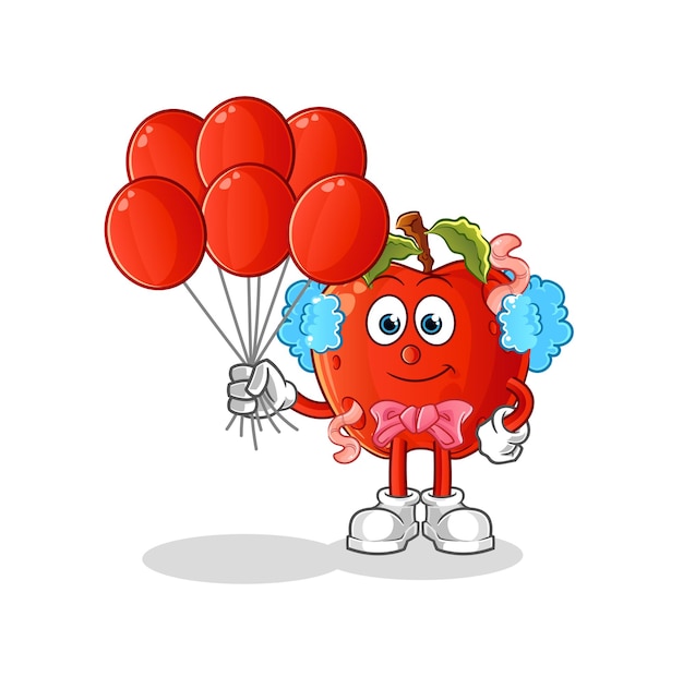 Apple with worm clown with balloons vector cartoon character