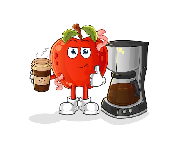 Apple with worm drinking coffee illustration. character vector