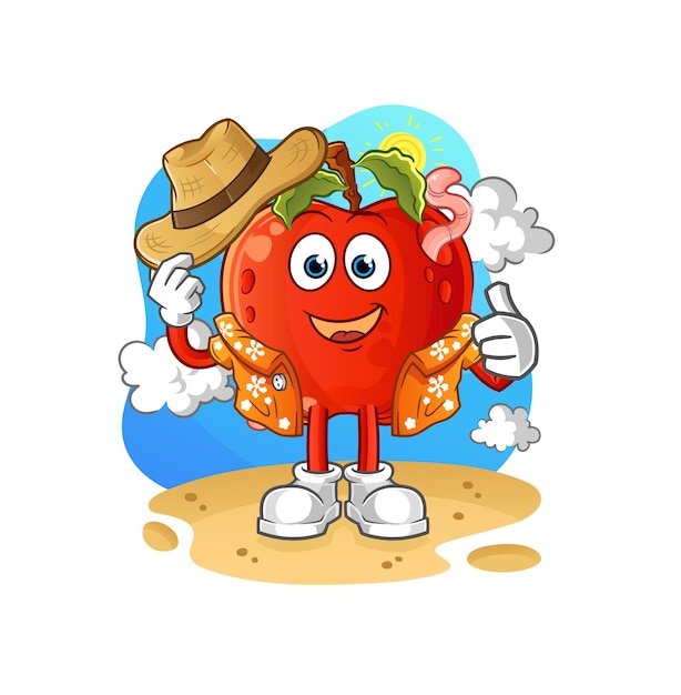 apple with worm go on vacation. cartoon mascot vector