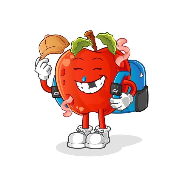 apple with worm goes to school vector. cartoon character
