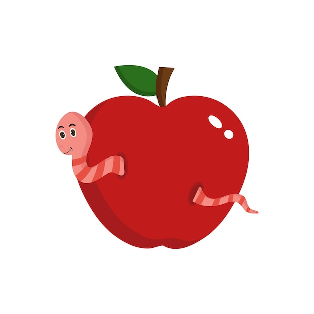 Яблоко с червем внутри векторной иллюстрации в плоском стиле