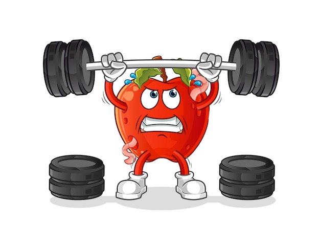 Apple with worm lifting the barbell character cartoon mascot vector