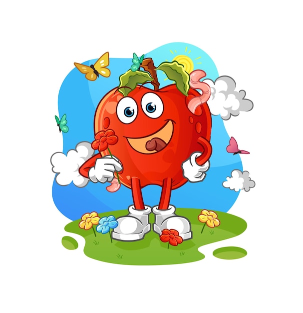 Apple with worm pick flowers in spring character vector