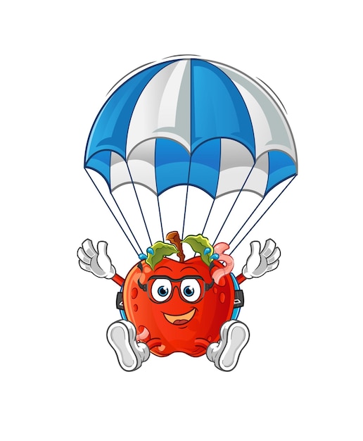 Apple with worm skydiving character cartoon mascot vector