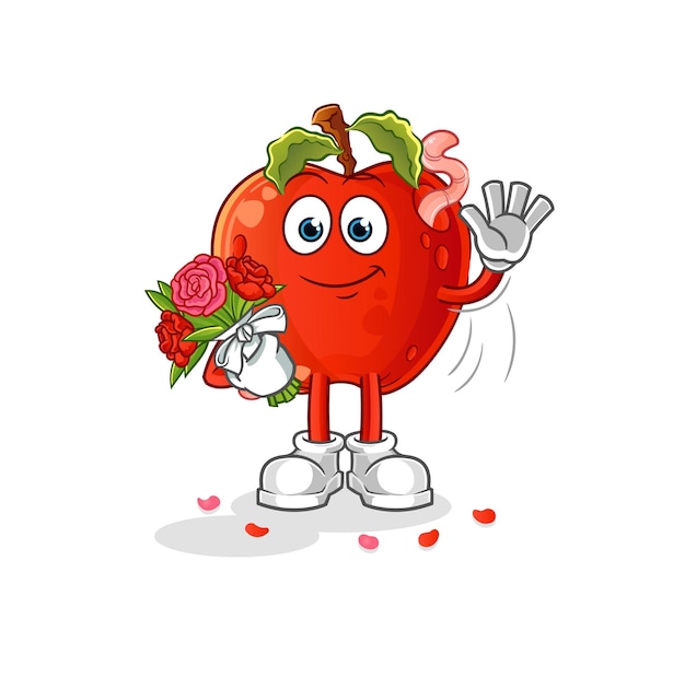 apple with worm with bouquet mascot. cartoon vector