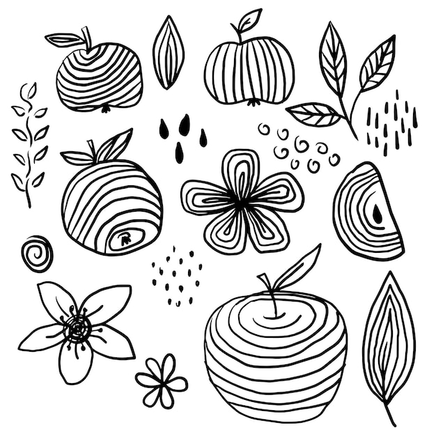 Apples doodle set black and white clip art