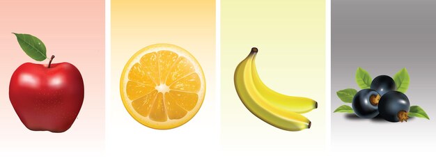 リンゴ, オレンジ, バナナ, ブルーベリー, フルーツ, 3Dベクトルアイコンセット