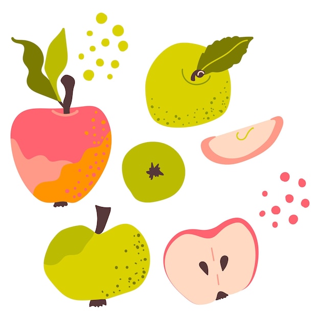 Apples set. Sliced ââpieces. Healthy ripe fruits. Vector illustration