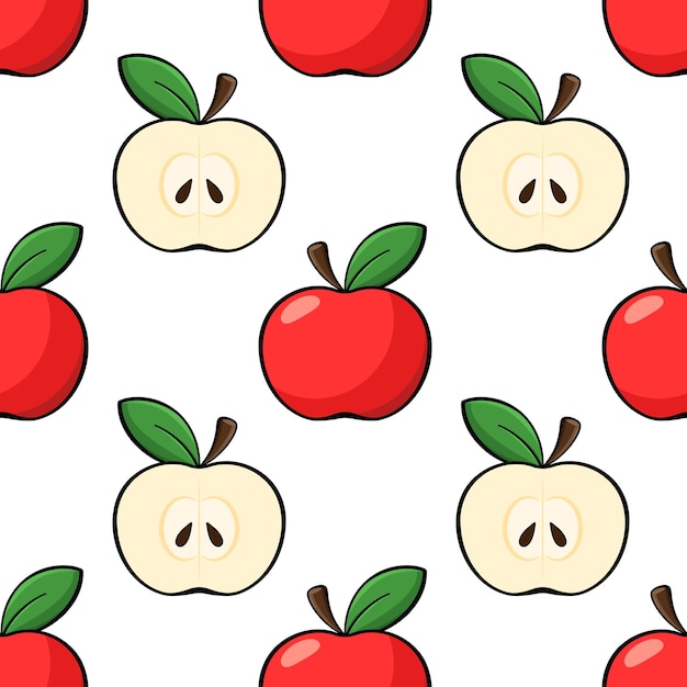 Vector apples vector seamless pattern red apples and cut slices with seeds on white background