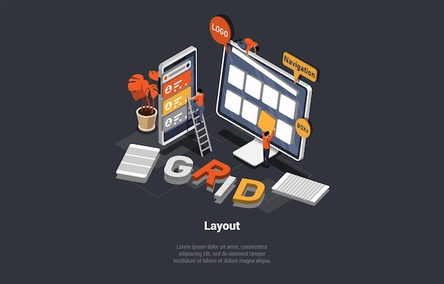 Applicatie voor smartphone en pc met analytische gegevens Mensen analyseren trends Website en softwareontwikkeling Contentmarketing Make Logo Grid Layout Isometrische 3d Cartoon Vector Illustratie