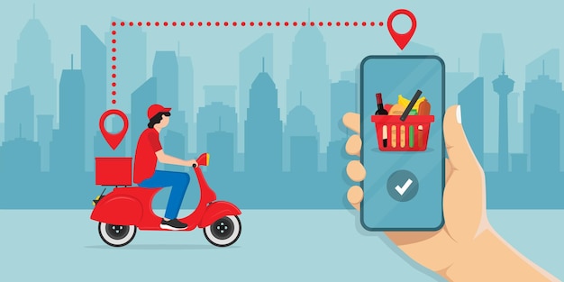 Applicatie voor voedselbezorging op het smartphonescherm De bezorger volgen op een bromfiets met kant-en-klaar eten Logistiek concept skyline van de stad op de achtergrond Telefoon in de hand vectorillustratie