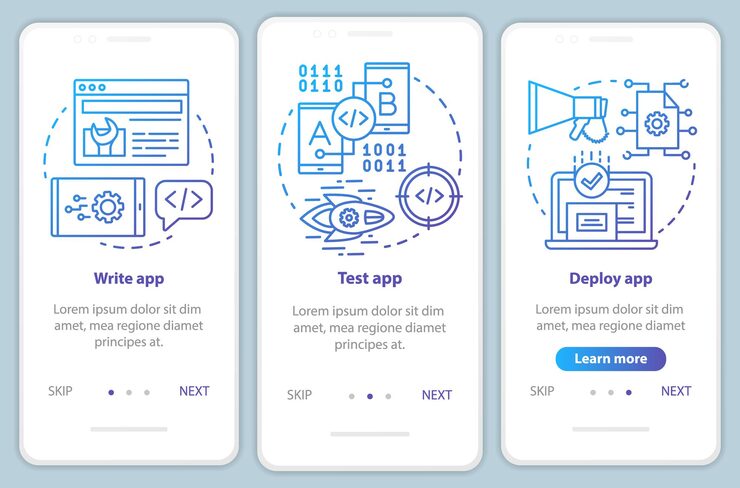 Vector 應用程式開發 整合行動應用程式頁面螢幕向量模板 軟件編程 通過線性插圖的網站步驟 ux, ui, gui 智能手機界面概念