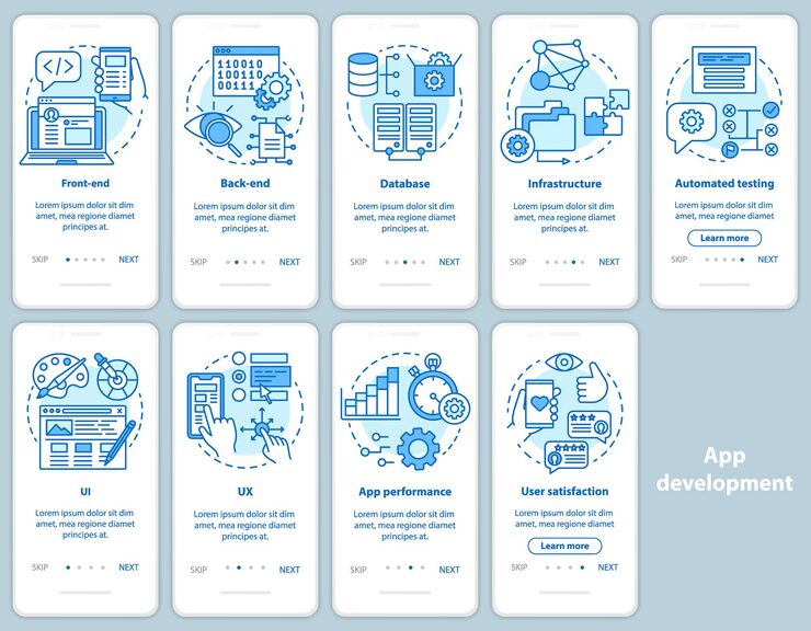 Vector application development onboarding mobile app page screen vector template. software programming. walkthrough website steps with linear illustrations. ux, ui, gui smartphone interface concept