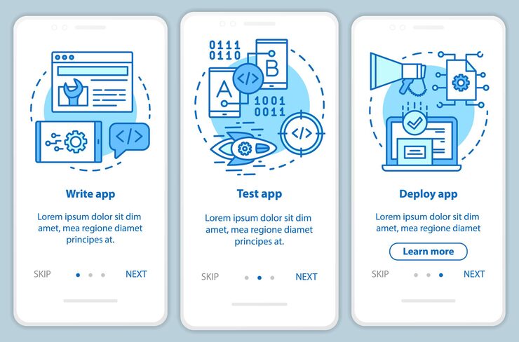 Vector application development onboarding mobile app page screen vector template. software programming. walkthrough website steps with linear illustrations. ux, ui, gui smartphone interface concept