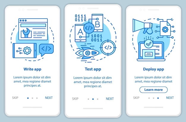 Modello vettoriale dello schermo della pagina dell'app mobile per lo sviluppo di applicazioni