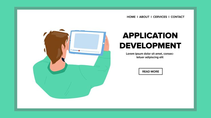Vector application development programmer work vector. coder application development for digital device tablet. character developing and testing app for electronic gadget web flat cartoon illustration