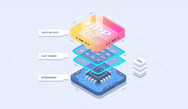 Application development vector isometric illustrations. Software development coding process concept. Technology process of app and program.