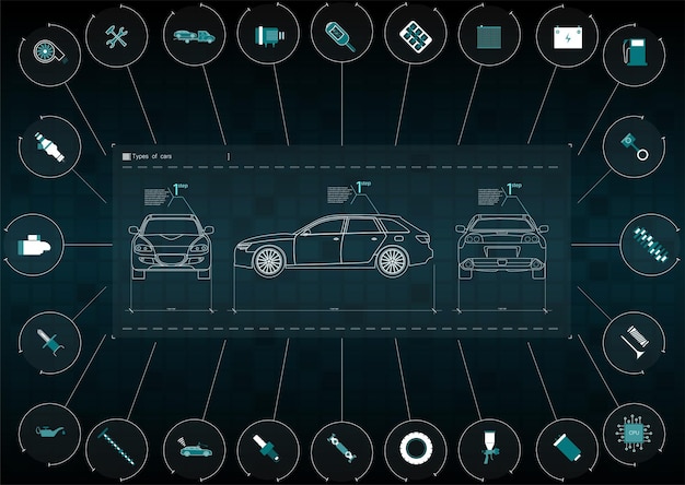 The application interface for the repair and maintenance of automotive parts car front rear and si