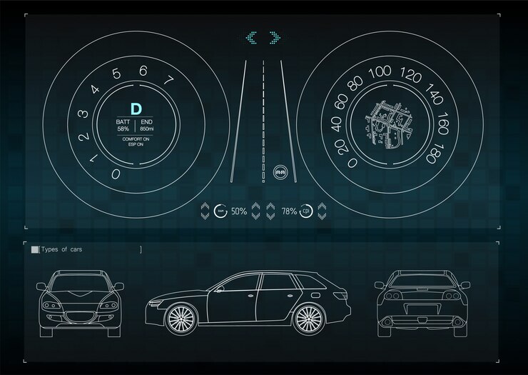 Vector the application interface for the repair and maintenance of automotive parts. car front, rear and side views. infographics of freight transport and transportation.
