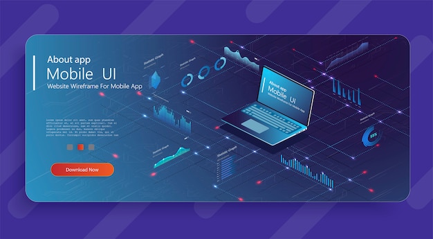 Application of laptop with business graph and analytics data on isometric laptop .