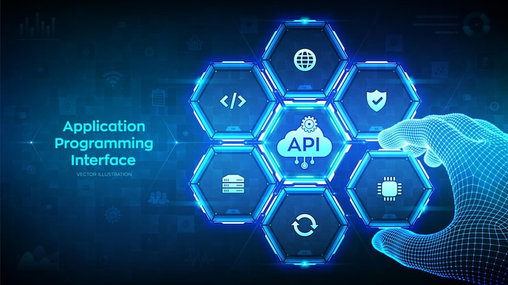 Vector application programming interface api software development tool cloud computing technologie concept wireframe hand plaatst een element in een compositie visualiseren api vector illustratie