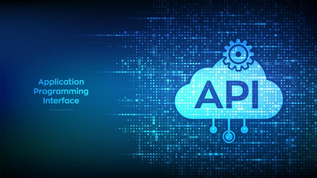 ไอคอน Application Programming Interface สร้างขึ้นด้วยรหัสไบนารี แนวคิดเทคโนโลยี API เครื่องมือพัฒนาซอฟต์แวร์ การรวมข้อมูล พื้นหลังรหัสไบนารีดิจิทัลที่มีตัวเลข 10 ภาพประกอบเวกเตอร์