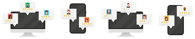 Recensioni degli utenti di valutazione dell'applicazione online su computer e smartphone illustrazione vettoriale