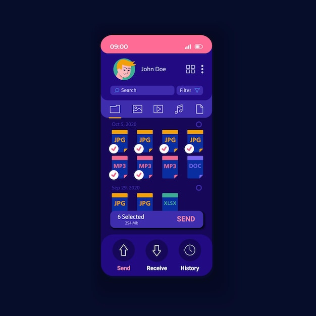 Application for sharing data night smartphone interface vector template. mobile app page design layout. share information app screen. download files any size. flat ui for application. phone display