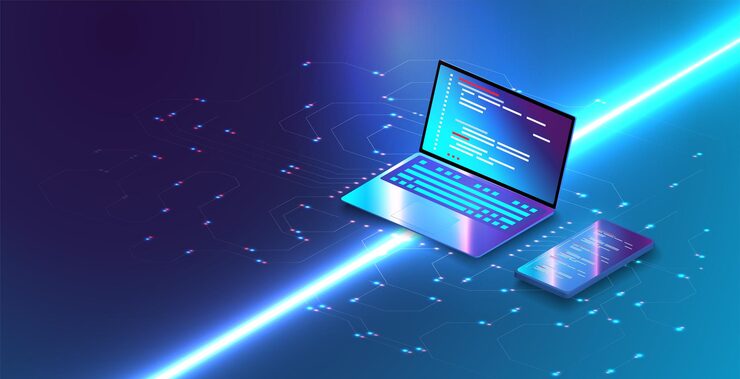 Vector application of smartphone with business graph and analytics data on isometric mobile phone. analysis trends and software development coding process concept. programming, testing cross platform code