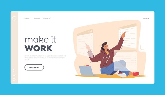 Modello di pagina di destinazione per lo sviluppo del software applicativo. il personaggio del programmatore uomo o del progettista gui che lavora al computer con schermi di interfaccia interattiva sviluppa un sito web. illustrazione vettoriale dei cartoni animati