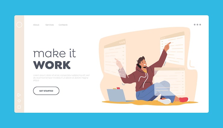 Vector 애플리케이션 소프트웨어 개발 랜딩 페이지 템플릿. 대화형 인터페이스 화면이 있는 컴퓨터에서 작업하는 남자 프로그래머 또는 gui 디자이너 캐릭터는 웹 사이트를 개발합니다. 만화 벡터 일러스트 레이 션