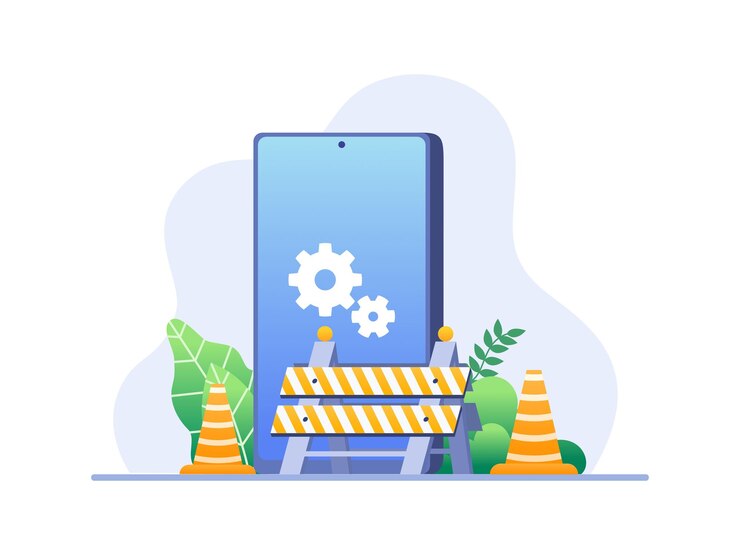 Vector application software maintenance illustration with traffic cone road barrier and a smartphone