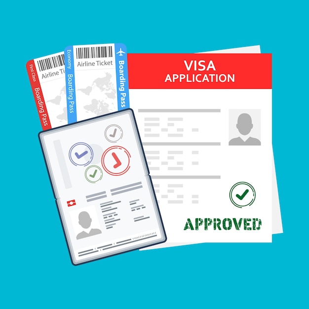 Vector application visa document for travel. passport with tickets, money visa application