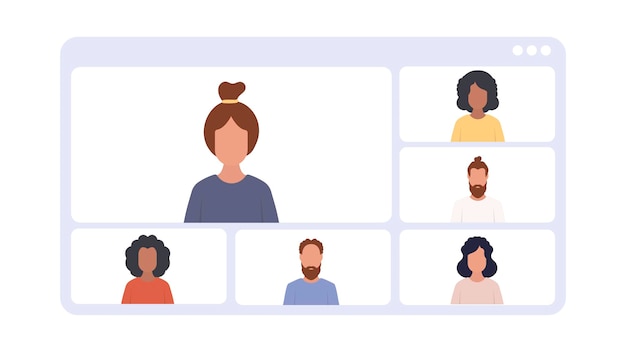 Finestra dell'applicazione con videoconferenza. riunione online, videochiamata, riunione di lavoro. vettore.
