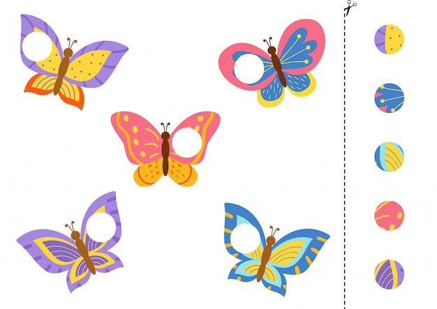 Vector application with cute colorful butterflies. cut and glue game.