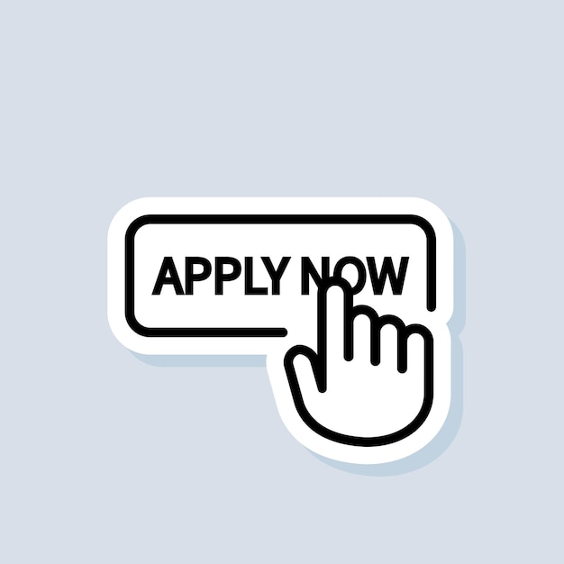 Apply now sticker. Apply now button with hand cursor. Apply now logo. Vector on isolated background. EPS 10.