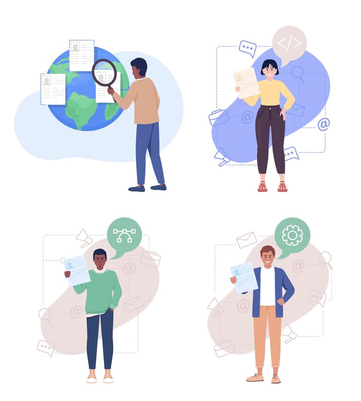 Vector applying for job with resume 2d vector isolated illustration set