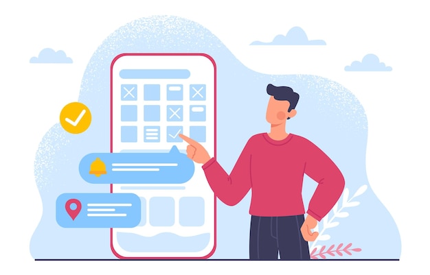 Vettore concetto di prenotazione dell'appuntamento l'uomo vicino al telefono sceglie la camera d'albergo viaggi e turismo viaggio e viaggio applicazione mobile e programma per i viaggiatori illustrazione vettoriale piatta dei cartoni animati