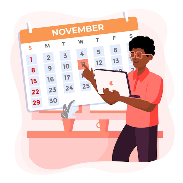 Appointment booking with calendar and man holding laptop