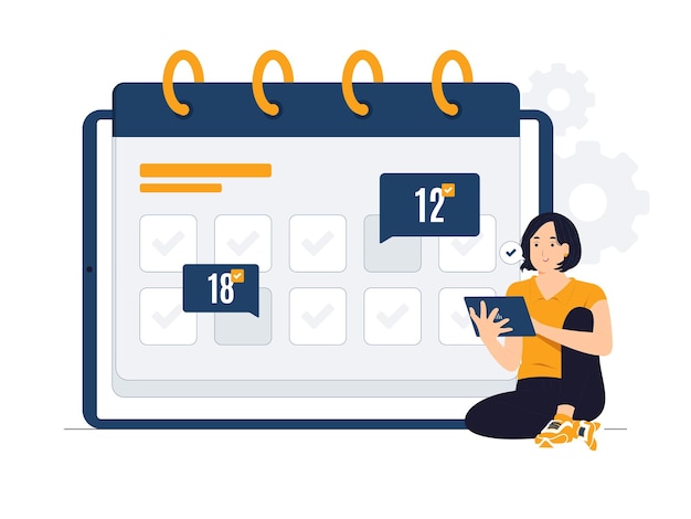 Data dell'appuntamento sulla pianificazione del calendario del pianificatore e sull'organizzazione dell'illustrazione del concetto di gestione del tempo delle attività